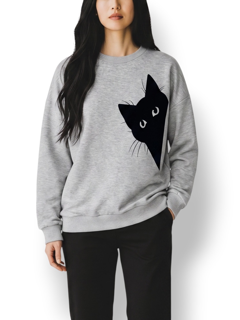 4/$20 Black Cat Graphic Gray Oversized Sweatshirt Pullover Medium NWOT